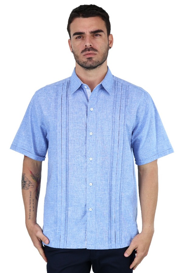 Guayamisa Manga Corta De Lino Azul Jaspe Con Alforza Para Hombre